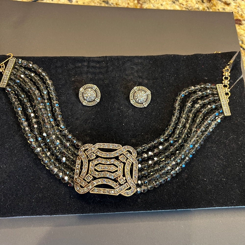 Heidi Daus Signed “Deco Master Clasp”Multi Strand Crystal Necklace & Earring Set